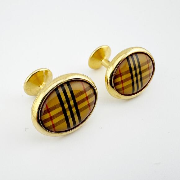 Vintage Plaid Gold Tone Cufflinks Oval Button Style - Picture 3 of 10